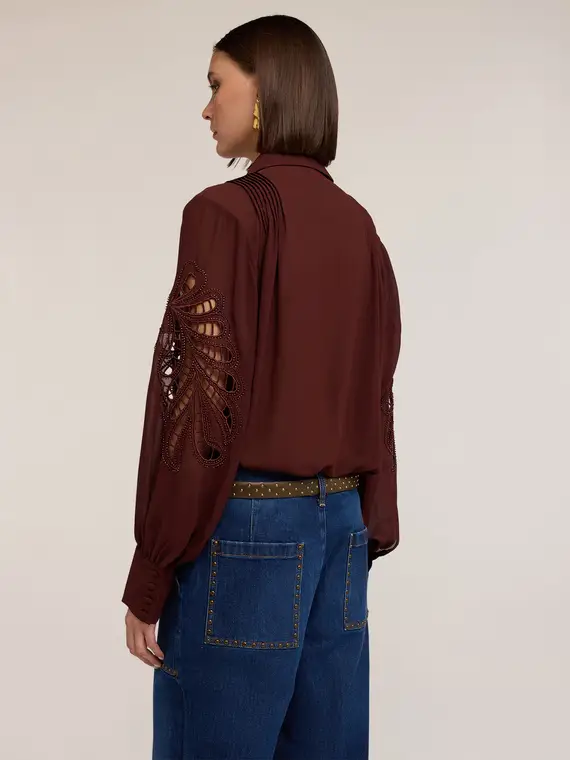 Camicia con maniche intarsiate Donna, Marrone miniatura 2
