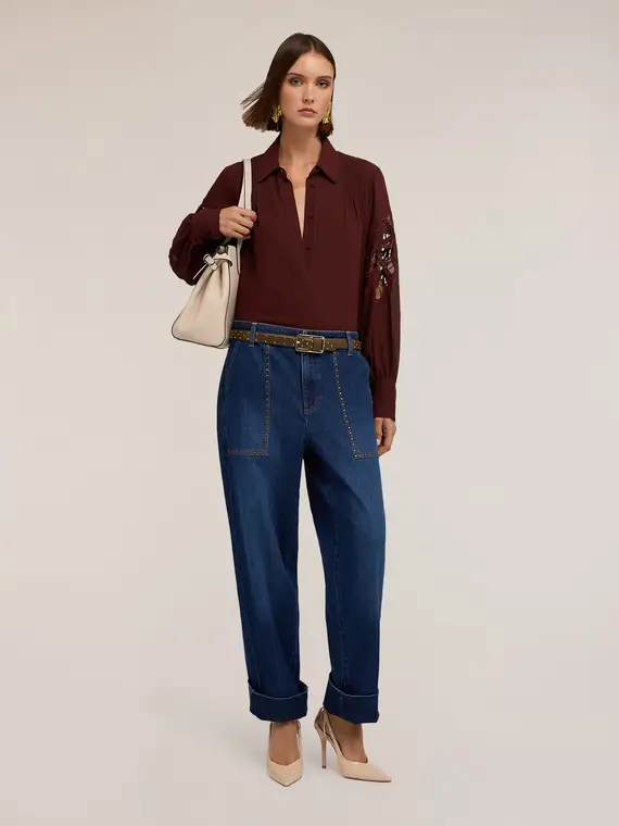 Camicia con maniche intarsiate Donna, Marrone