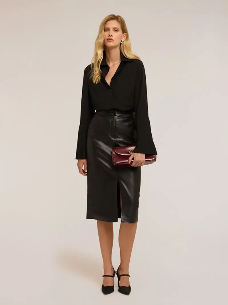 Camicia con maniche plissé Donna, Nero