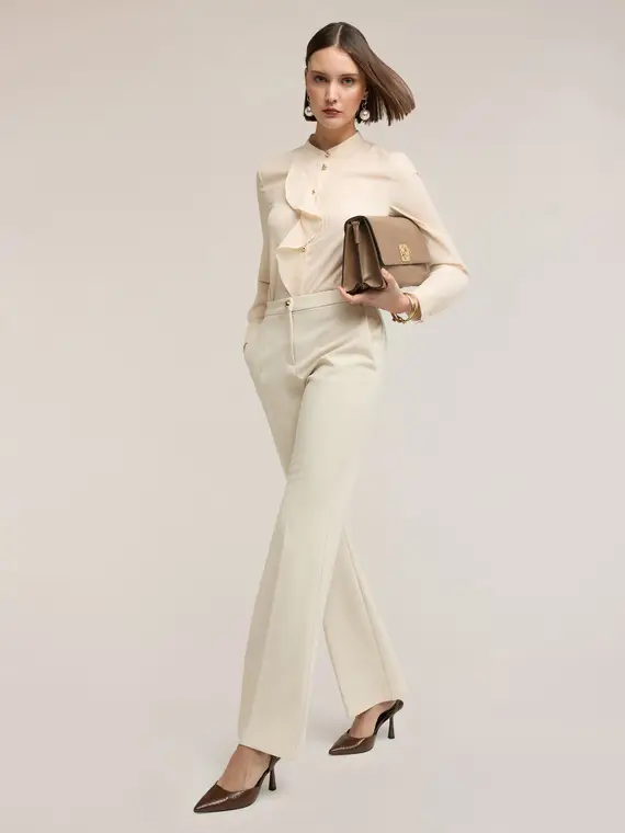 Camicia in crêpe de chine con volant Donna, Beige miniatura 3