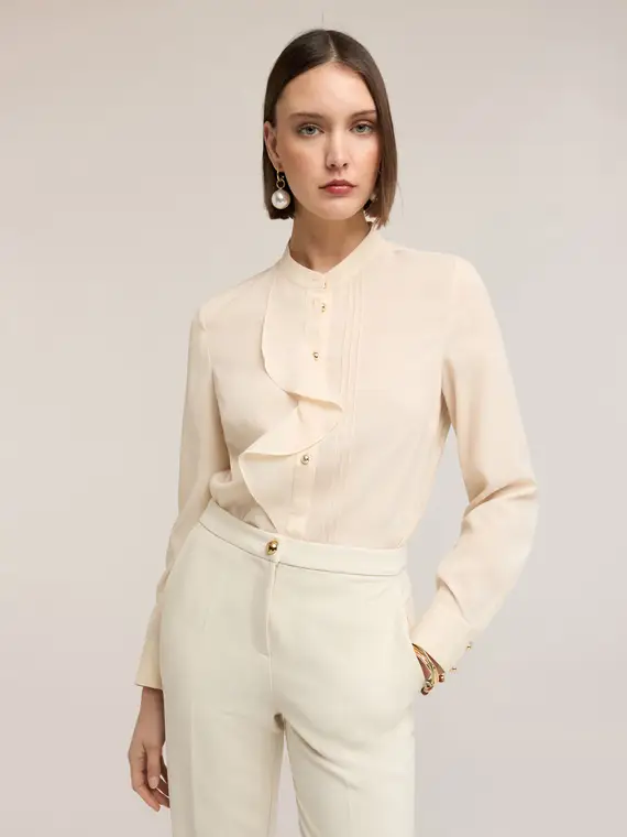 Camicia in crêpe de chine con volant Donna, Beige