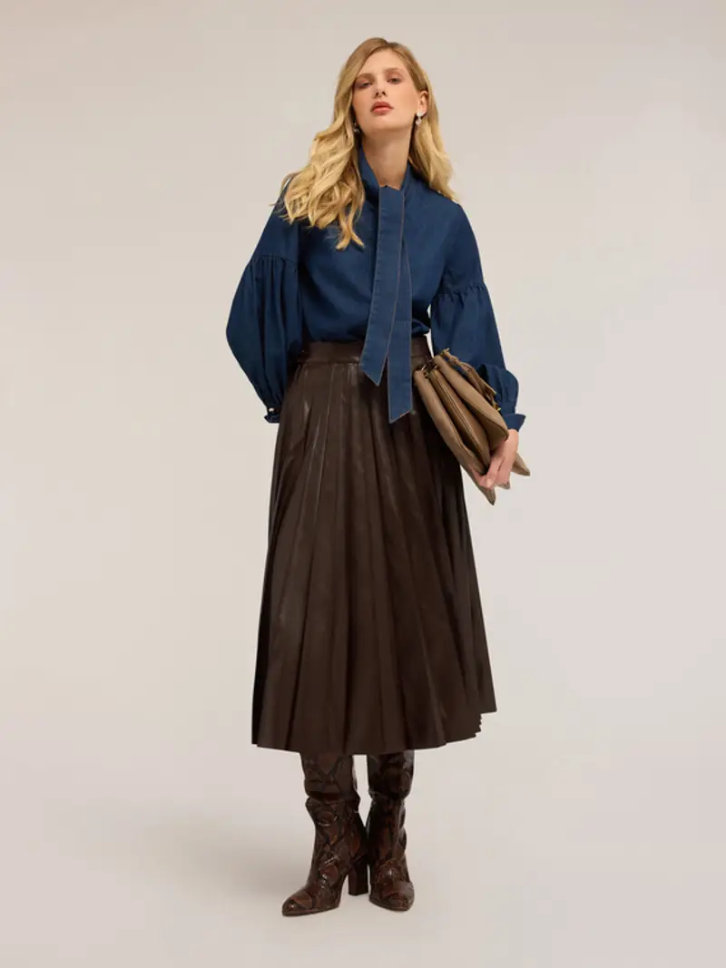 Camicia in denim con collo a fusciacca Donna, Blu