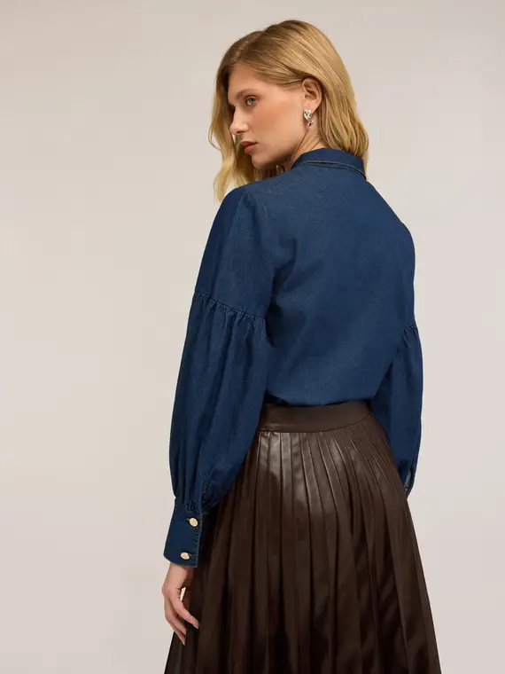 Camicia in denim con collo a fusciacca Donna, Blu miniatura 2