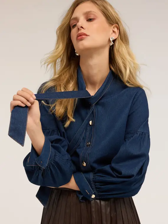 Camicia in denim con collo a fusciacca Donna, Blu miniatura 3