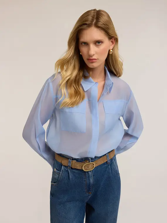 Camicia in organza con tasche Donna, Azzurro miniatura 3
