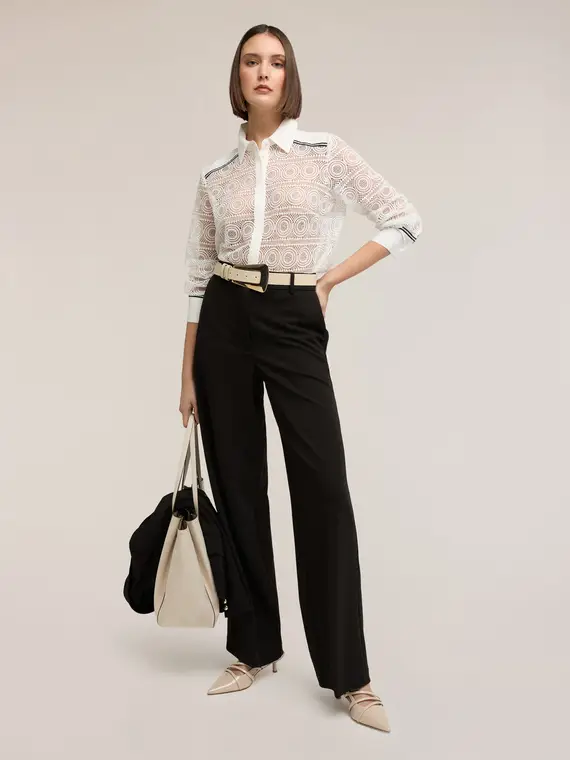 Camicia in pizzo macramé con bande a contrasto Donna, Bianco miniatura 3