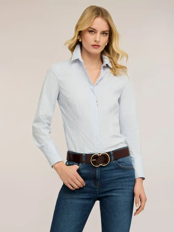 Camicia in popeline a righe Donna, Azzurro