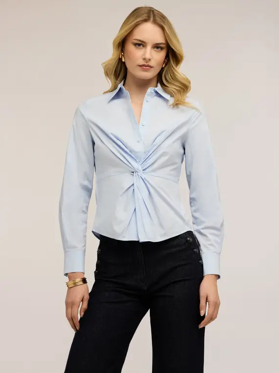 Camicia in popeline con nodo Donna, Azzurro miniatura 3