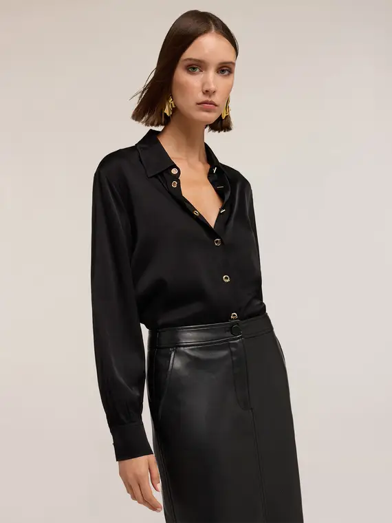 Camicia in raso con occhielli Donna, Nero miniatura 3