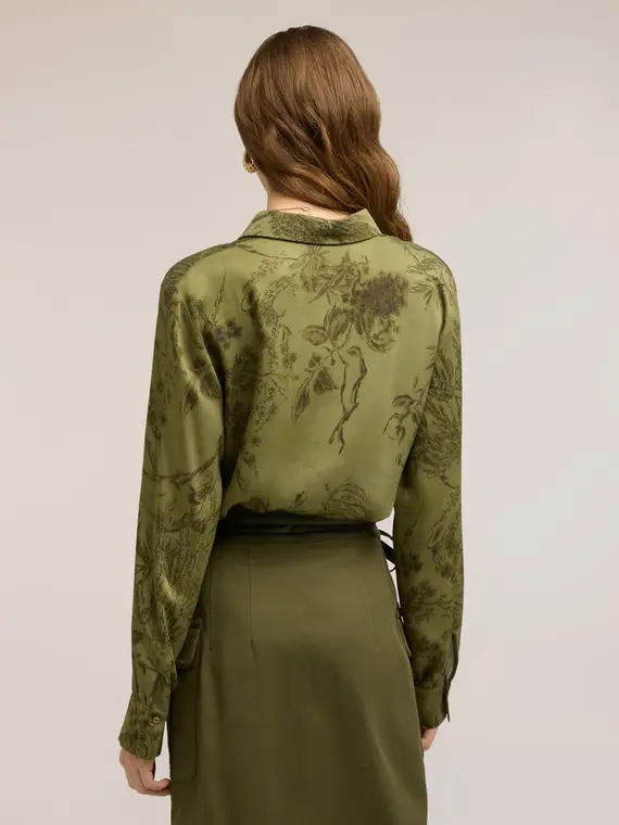 Camicia in raso con stampa Donna, Verde militare miniatura 2