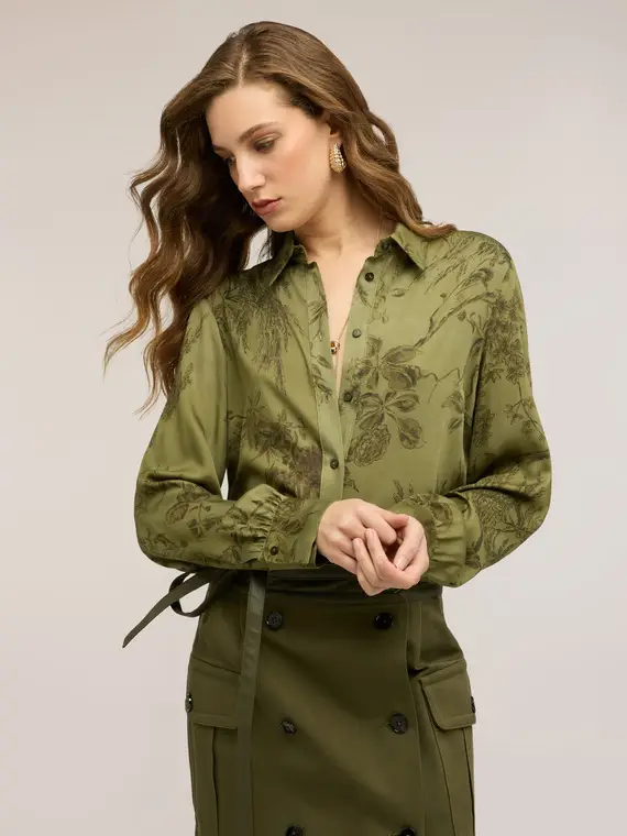 Camicia in raso con stampa Donna, Verde militare