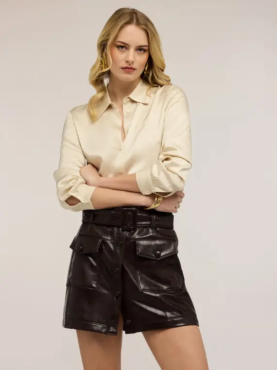 Camicia in raso di viscosa Donna, Beige miniatura 3