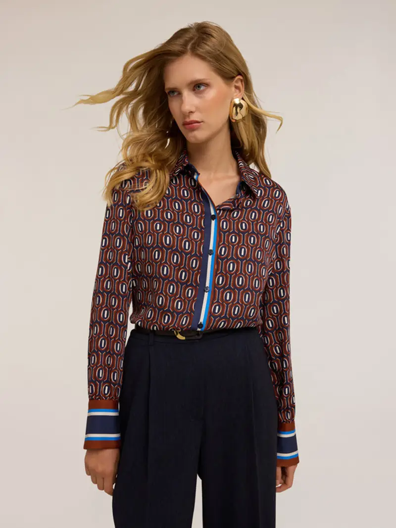 Camicia in raso fantasia geometrica Donna, Bordeaux