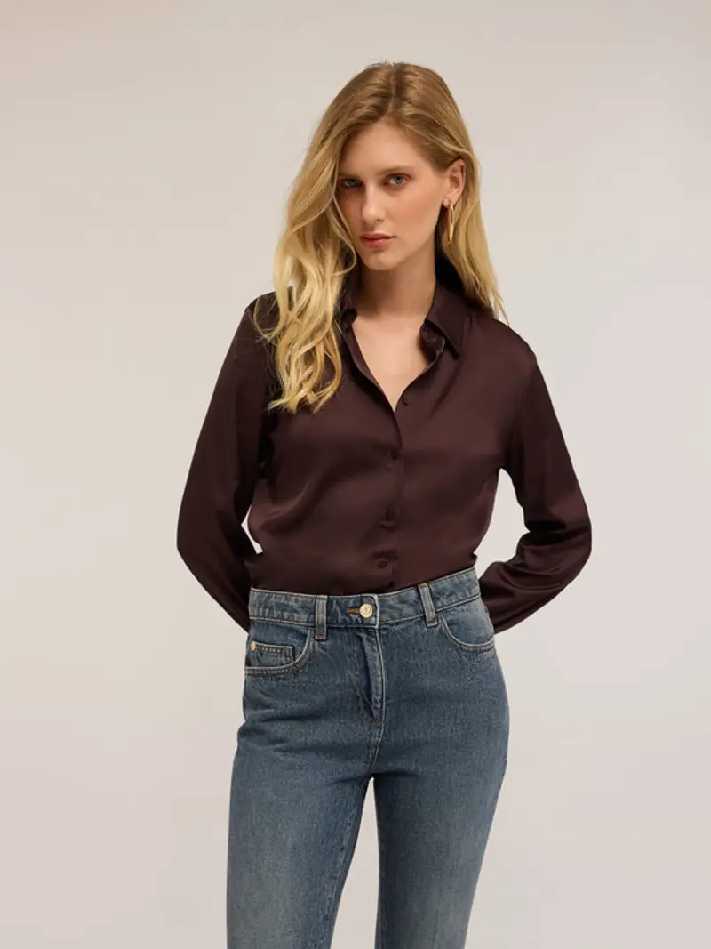 Camicia satin Donna, Marrone