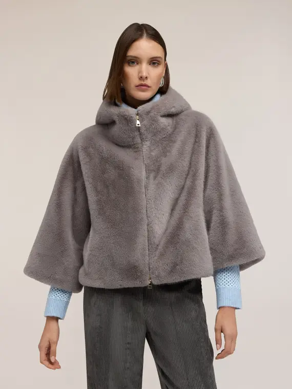 Cappa con cappuccio effetto peluche Donna, Grigio