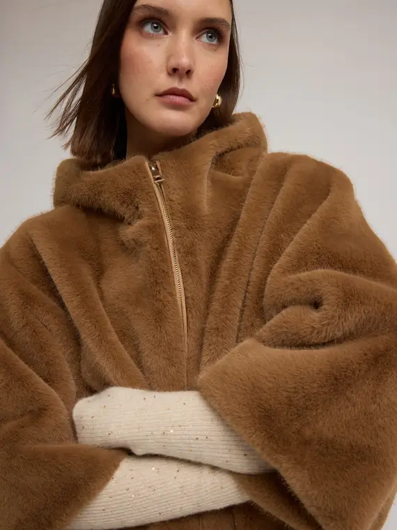 Cappa con cappuccio effetto peluche Donna, Marrone miniatura 3