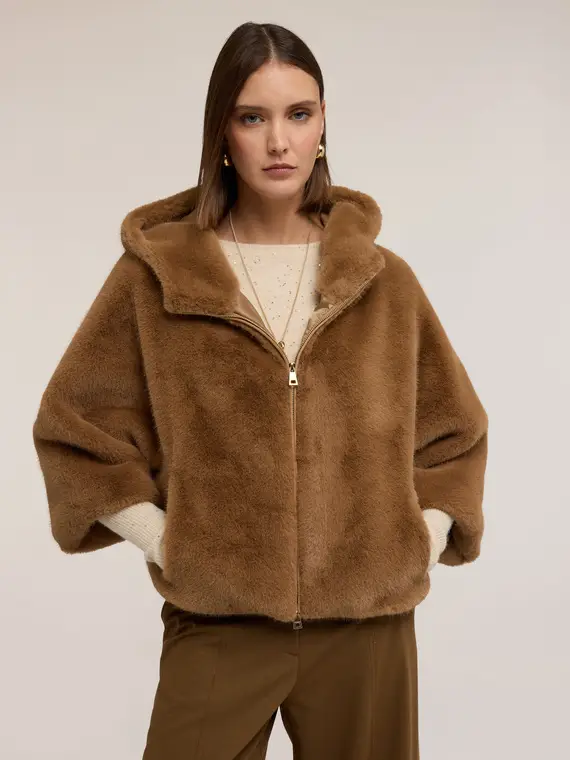 Cappa con cappuccio effetto peluche Donna, Marrone