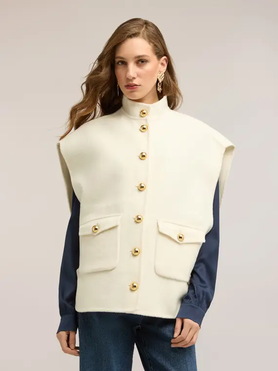 Cappa smanicata misto lana Donna, Beige miniatura 3