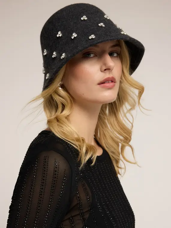 Cappello cloche in lana con cristalli Donna, Grigio