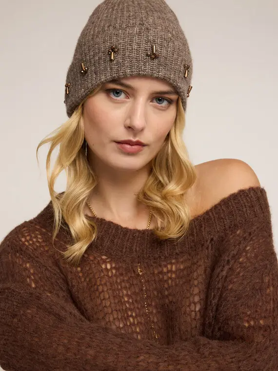 Cappello in maglia con pietre applicate Donna, Marrone