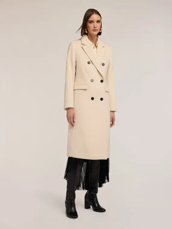 Cappotto doppiopetto in drap misto lana Donna, Beige miniatura 3