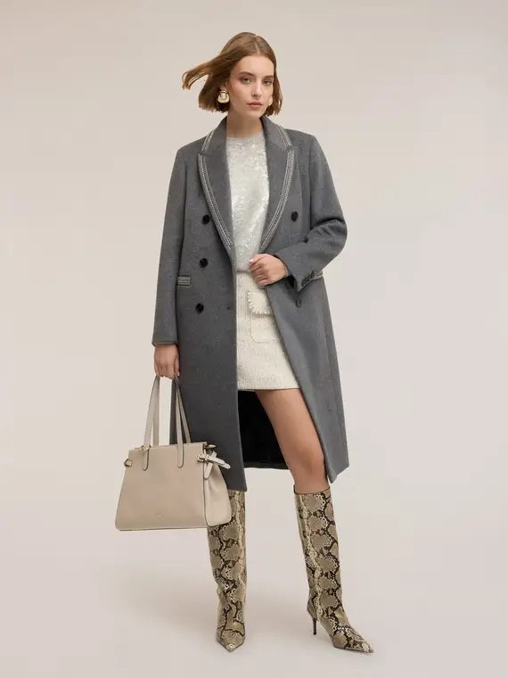 Cappotto doppiopetto in misto lana con decorazioni Donna, Grigio