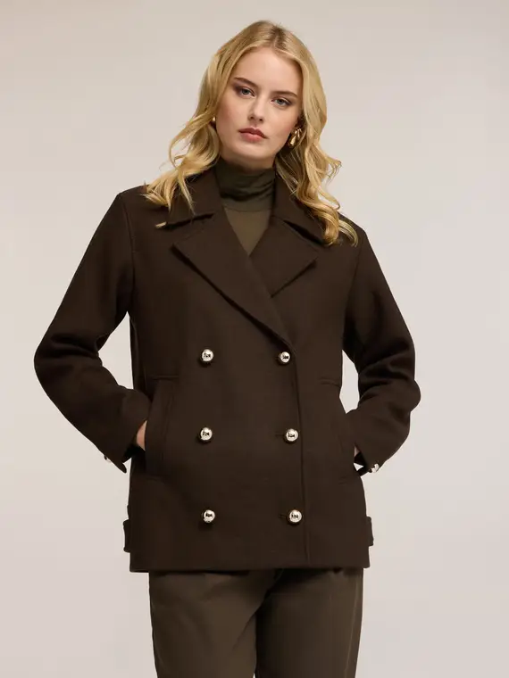 Cappotto doppiopetto in panno misto lana Donna, Marrone
