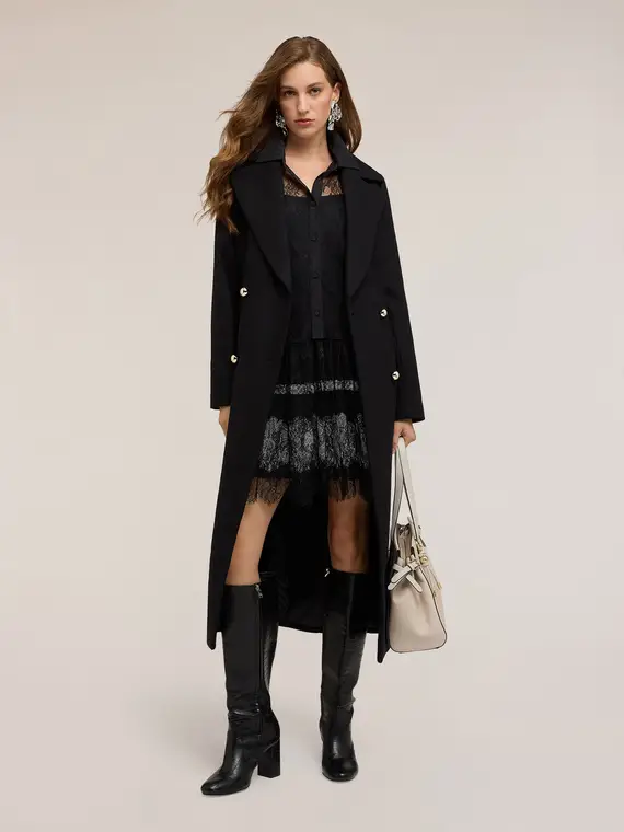 Cappotto doppiopetto in panno misto lana Donna, Nero miniatura 3