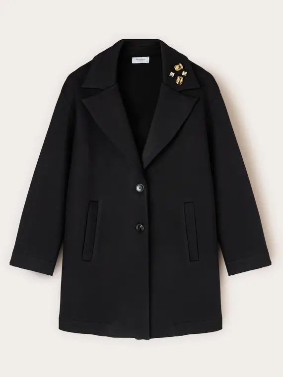 Cappotto in scuba con spilla gioiello Donna, Nero