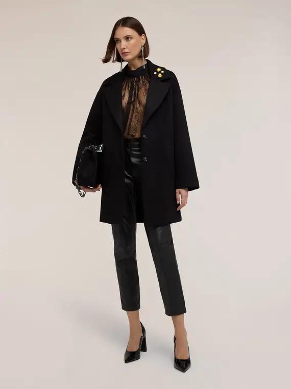 Cappotto in scuba con spilla gioiello Donna, Nero