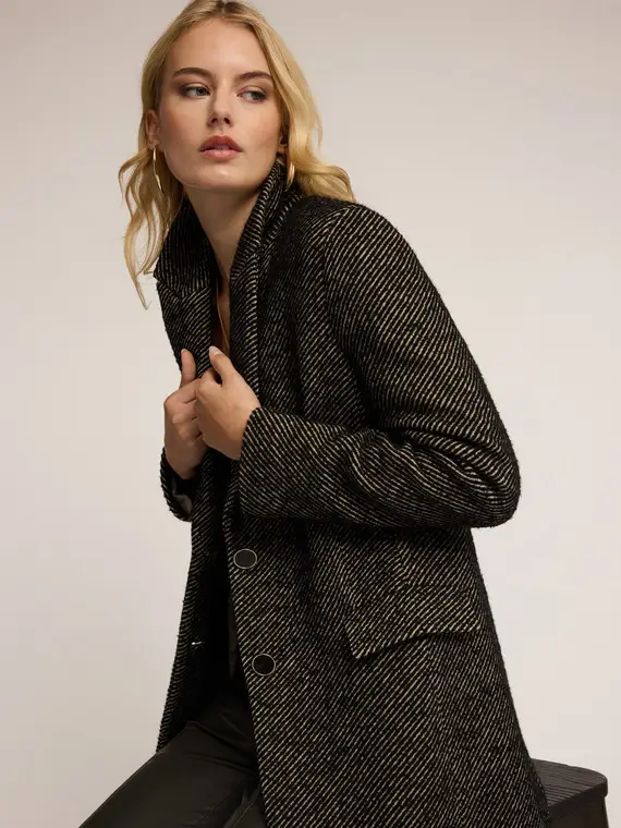 Cappotto lungo in tessuto tinto filo Donna, Nero miniatura 3