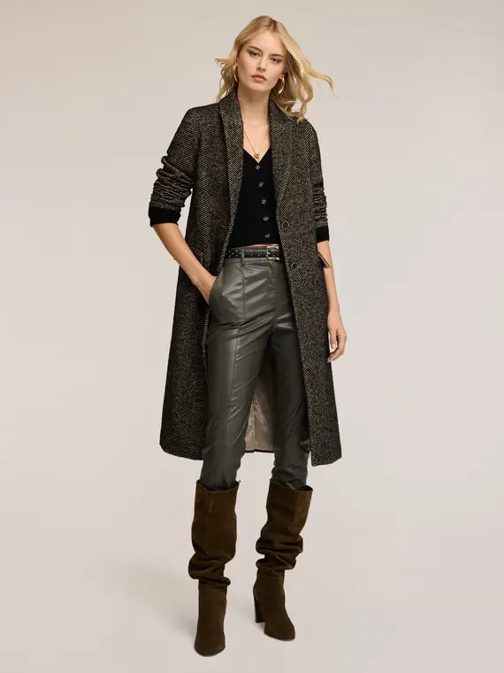 Cappotto lungo in tessuto tinto filo Donna, Nero