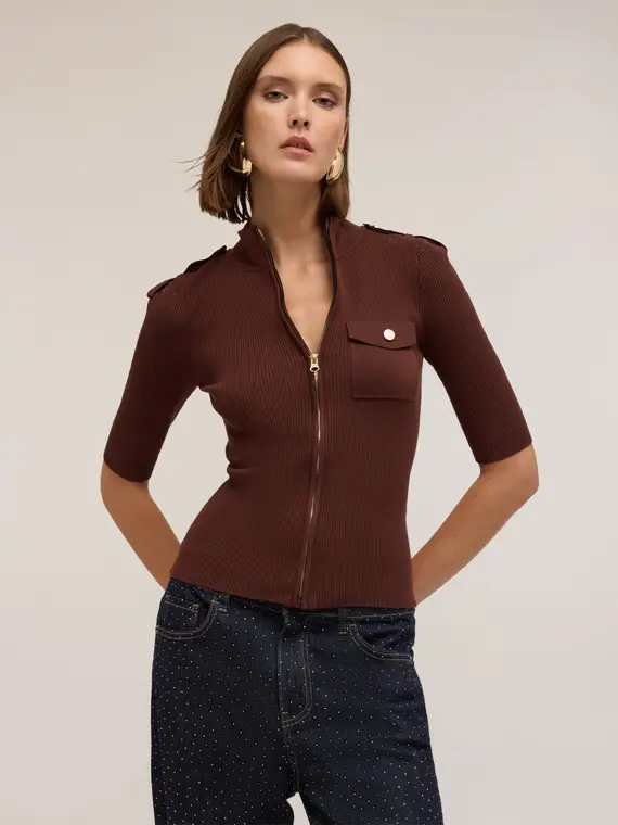 Cardigan a coste con mostrine Donna, Marrone miniatura 3