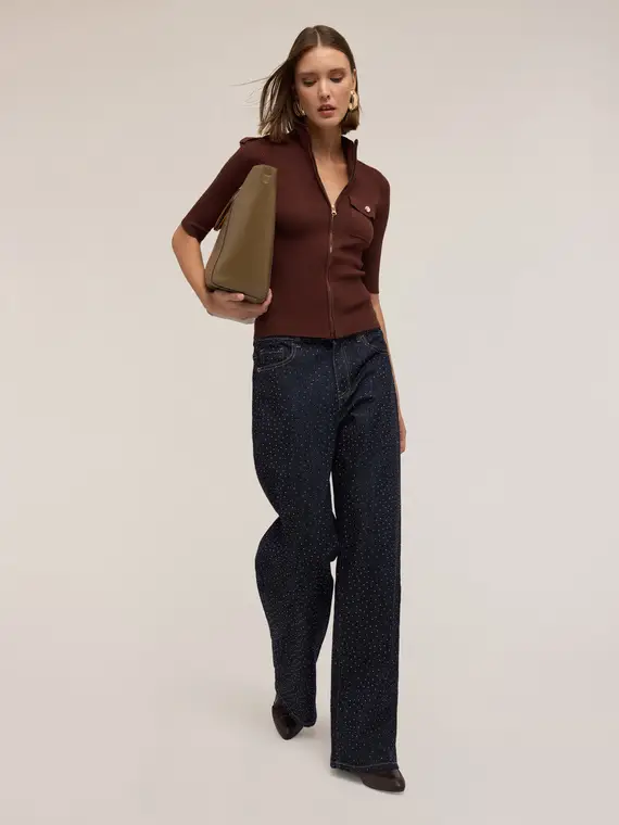 Cardigan a coste con mostrine Donna, Marrone