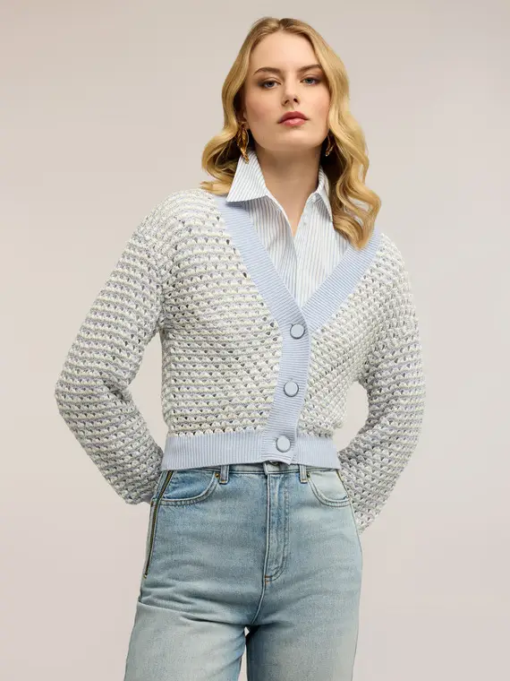 Cardigan corto in maglia lurex traforata Donna, Azzurro