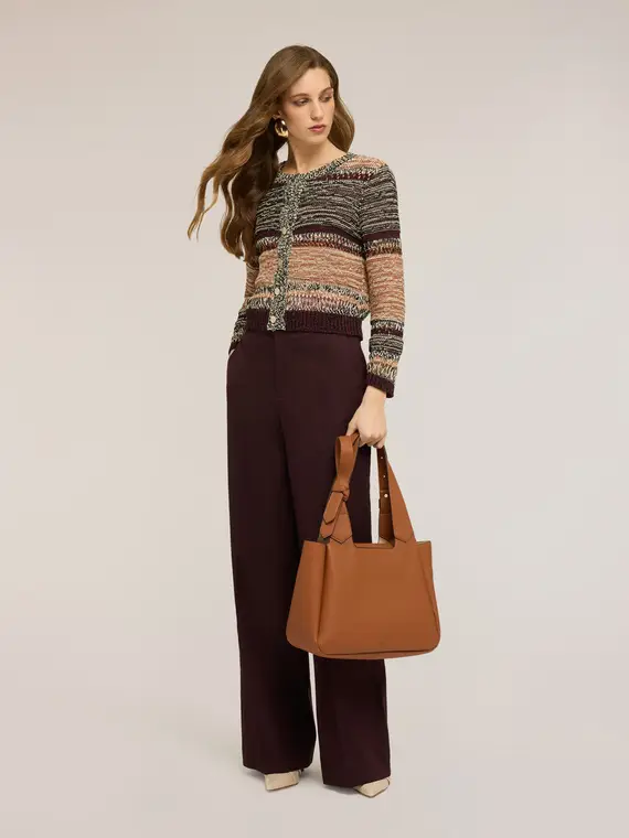 Cardigan corto in maglia traforata a righe Donna, Marrone