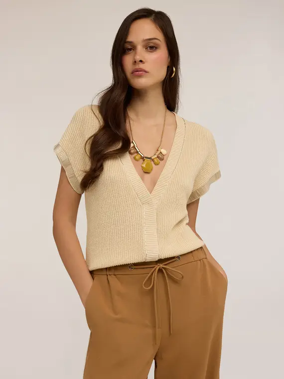 Cardigan in cotone con canottiglie ricamate Donna, Beige