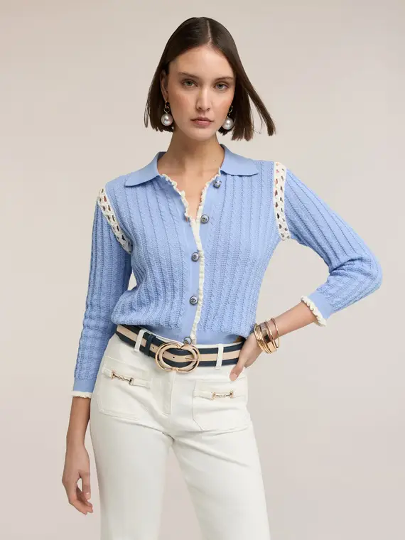 Cardigan in maglia fine con inserti traforati Donna, Azzurro