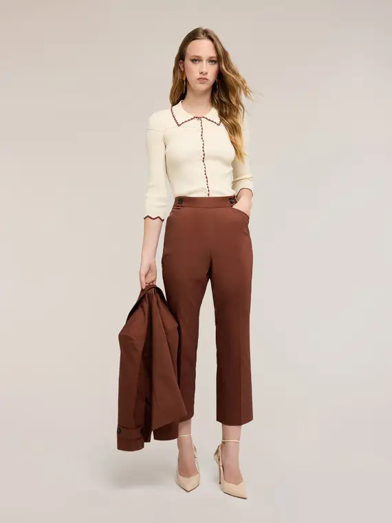 Cardigan in maglia fine con profili ricamati Donna, Beige