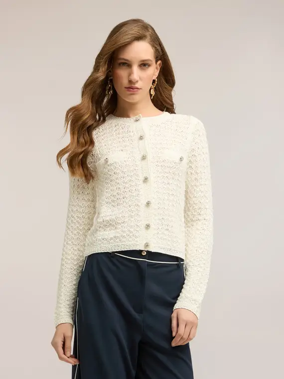 Cardigan in maglia traforata Donna, Bianco