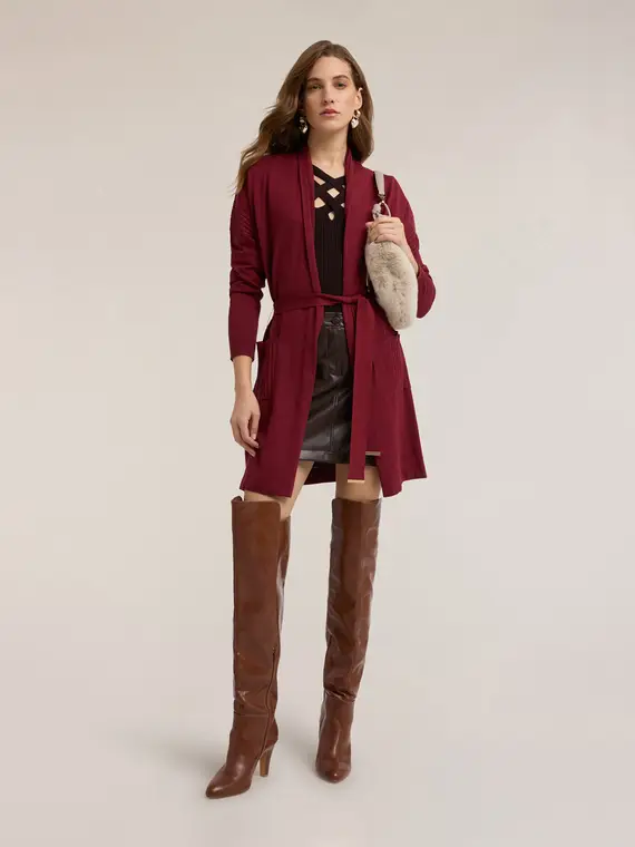 Cardigan lungo con cintura Donna, Bordeaux