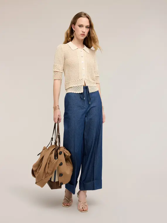 Cardigan traforato in maglia fine Donna, Beige