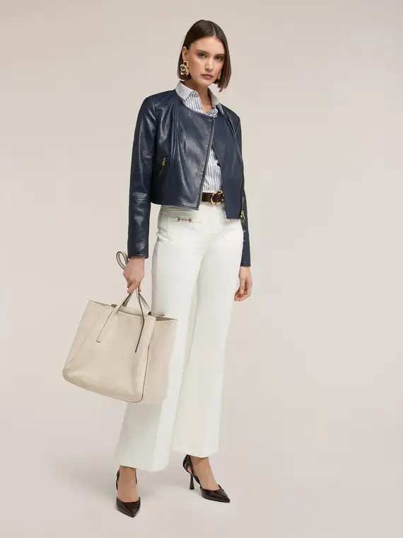 Chiodo con zip asimmetrica e fodera a righe Donna, Blu miniatura 3