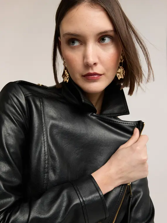 Chiodo con zip dorate Donna, Nero miniatura 3