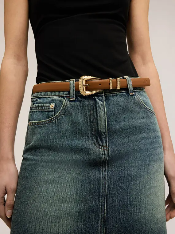 Cintura con fibbia e micro borchie Donna, Marrone