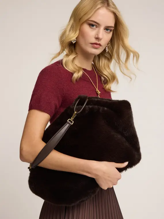 Curly shopping bag effetto peluche Donna, Marrone