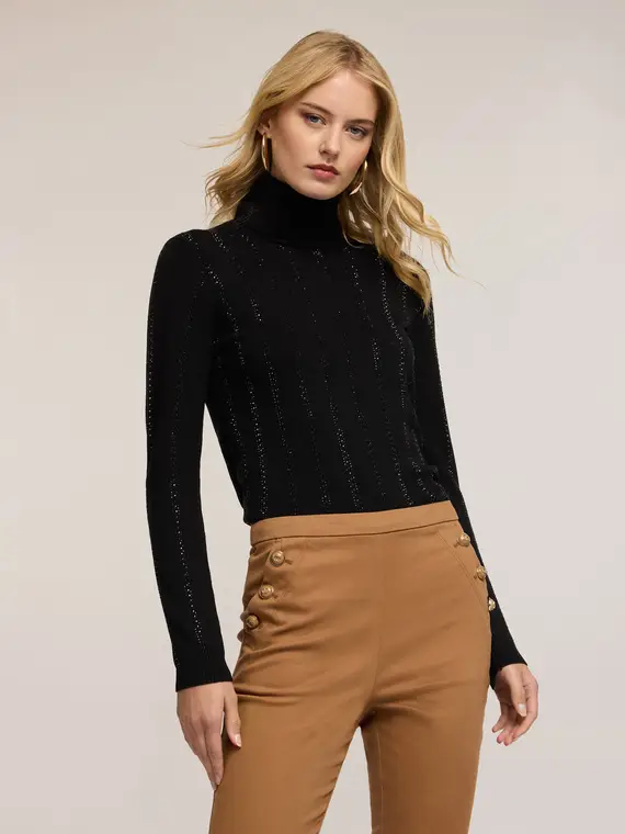 Dolcevita in maglia con strass Donna, Nero miniatura 3