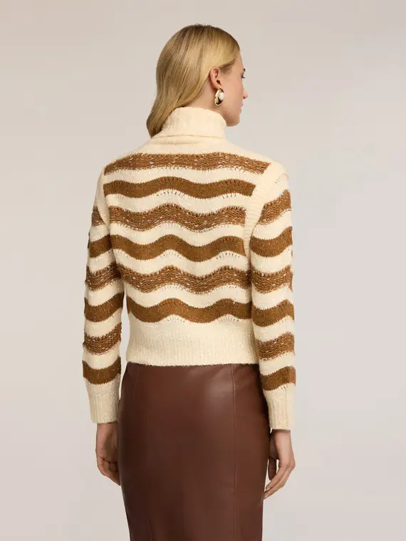 Dolcevita in maglia pesante fantasia a righe Donna, Marrone miniatura 2