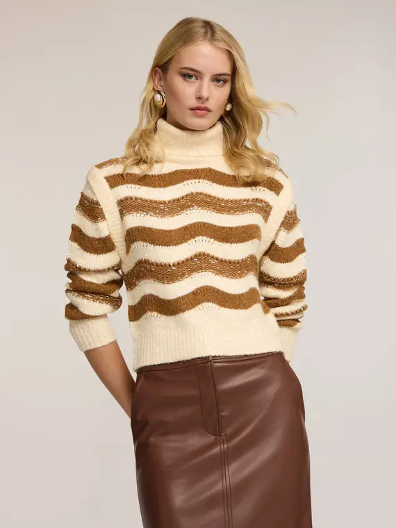 Dolcevita in maglia pesante fantasia a righe Donna, Marrone miniatura 3