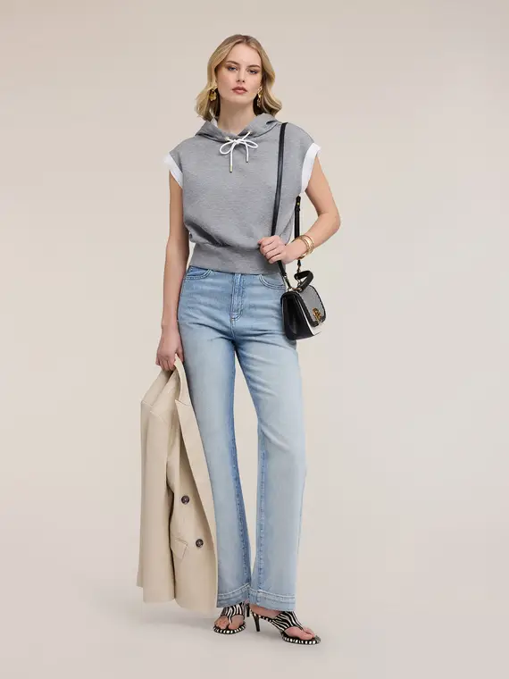 Felpa chiusa a maniche corte con cappuccio Donna, Grigio miniatura 3